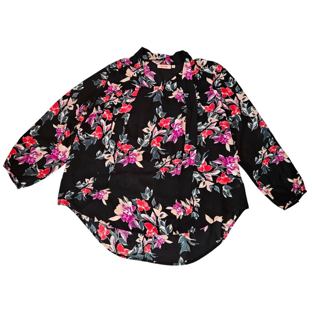 EVRI Women's size 1X Tie Neck Flowy High/Lo Floral Bloomcore Blouse Colorful